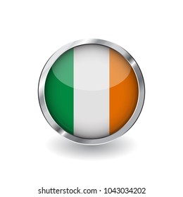Flag of ireland, button with metal frame and shadow. ireland flag vector icon, badge with glossy effect and metallic border. Realistic vector illustration on white background.