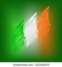 Flag of Ireland in form of vertical ink strokes of green, white, and orange shiny colours. National symbol on grass green background for designs, prints