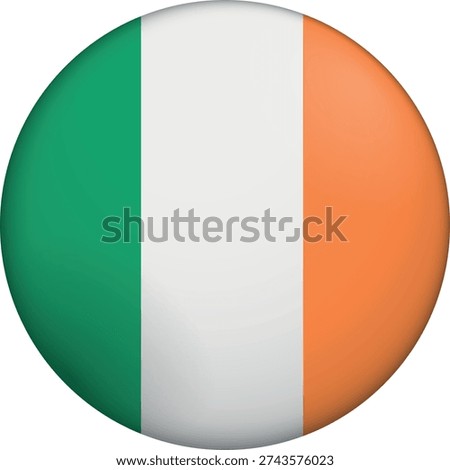 Flag of Ireland. Glossy circular flag. Button appearance. 3D Icon Design with depth. Professional, tactile look. Perfect for representing national identity in digital interfaces and perfect for websites