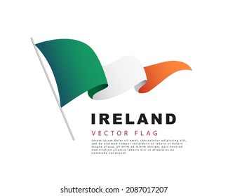 The flag of Ireland hangs from a flagpole and flutters in the wind. Vector illustration isolated on white background. Irish flag colorful logo.