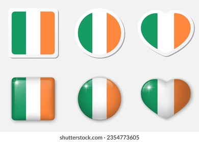 Colección de iconos de Bandera de Irlanda. Pegatinas planas y elementos vectores de vidrio realistas 3d sobre fondo blanco con sombra debajo.