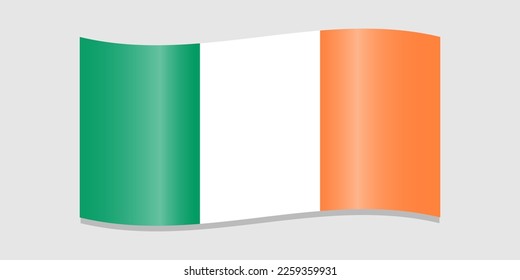 Flag of Ireland. Irish flag with shadow on a light gray background. Green, white, orange colors. Vector illustration.