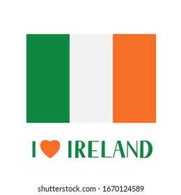 Flag of Ireland and lettering I Love Ireland with heart isolated of white. Easy to edit vector template for banner, typography poster, logo design, postcard, t-shirt, flyer, sticker, label, etc.