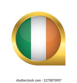 Flag of Ireland, location map pin, pointer flag, button with the reflection of light and shadow, gold frame, Icon country. Realistic vector illustration on white background.