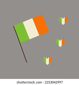   Flag of Ireland on flagstaff. St. Patrick's Day set Vector doodle cartoon illustration.