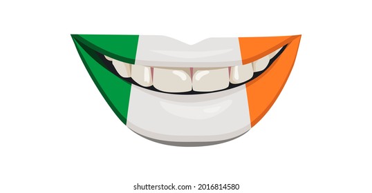 The flag of Ireland on the lips. A woman's smile with white teeth. Vector illustration.