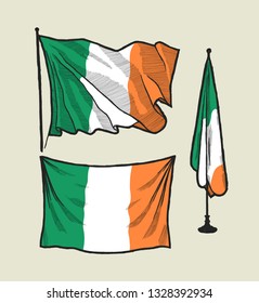 Flag of Ireland on the wind and on the wall hand drawn vector illustration set