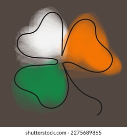 The flag of Ireland, painted with decorative brushes in the form of a clover. Isolated vector illustration. Vintage St. Patrick's Day greeting card.