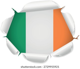 Flag of Ireland. Flag Revealed Through Torn Paper Hole with Realistic Curled Edges over a transparent background. The ripped edges curl outward with realistic shadows and depth, creating a striking reveal effect