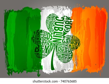 Flag of Ireland and shamrock art with the names of the biggest Irish cities.