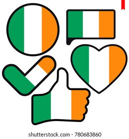 Bandera de Irlanda en forma de Button, Heart, Like, Check mark, plana style, símbolo de amor por su país, patriotismo, icono del Día de la Independencia.