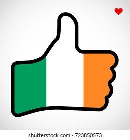 Flag of Ireland in the shape of Hand with thumb up, gesture of approval, vector finger sign, flat design illustration.