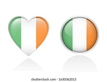 Flag of ireland in the shape of a heart and circle isolated on white background, icon, badge.