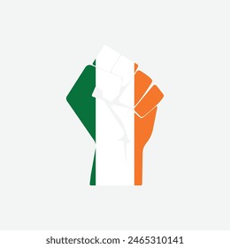 Bandera de Irlanda en la forma de la mano levantada signo aislado en el fondo. Fist symbol moderno, simple, Vector, ícono para diseño de Sitio web, App móvil, ui. Ilustración vectorial