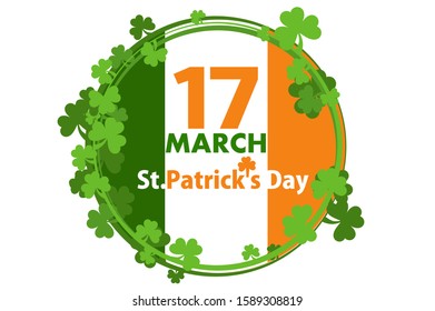 Flag of Ireland for St. Patrick's Day March 17. Round flag in clover and with the inscription holiday.