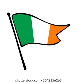Flag of Ireland. Ireland flag vector illustration icon design in the hand-drawn style. Fluttering flagpole flag.