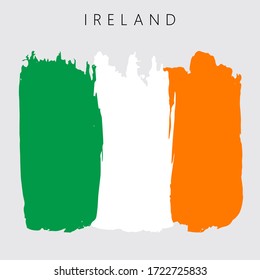 Bandera de Irlanda. Ilustración vectorial en fondo gris. Bandera nacional con tres colores: verde, blanco y naranja. Hermosas pinceladas. Concepto abstracto. Elementos para el diseño. Textura pintada.