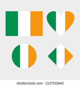Flag of Ireland. Vector Irish flag. Symbol of Ireland. Set of Irish flags of different shapes: heart, circle, rectangle, rhombus.