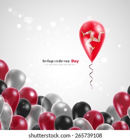 Flag of the Isle of Man on balloon. Celebration and gifts. Ribbon in the colors of the flag are twisted under the balloon. Independence Day. Balloons on the feast of the national day. 
