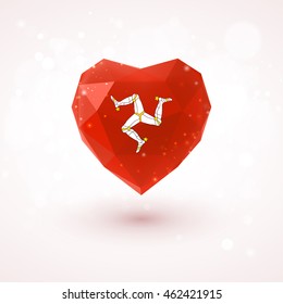 Flag of the Isle of Man in shape of diamond glass heart in triangulation style for info graphics, greeting card, celebration of Independence Day, printed materials 