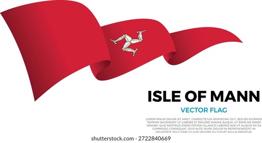 Flagge von Isle of Mann. Manx und britische Kultur. Auf sauberem, weißem Hintergrund mit Ländernamen und Kopienraum. Eine leuchtende Vektorfahne, die in drei Ebenen gerendert wird und einen dynamischen Welleneffekt mit realistischen Schatten und Farbverläufen erzeugt. Die eleganten Kurven und realistischen Schattierungen schaffen ein Gefühl der Bewegung und machen es ideal für offizielle Themen, internationale Projekte, Reisematerialien und kulturelle Präsentationen