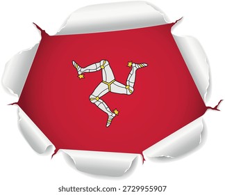 Flag of Isle Of Mann. Flag Revealed Through Torn Paper Hole with Realistic Curled Edges over a transparent background. The ripped edges curl outward with realistic shadows and depth, creating a striking reveal effect