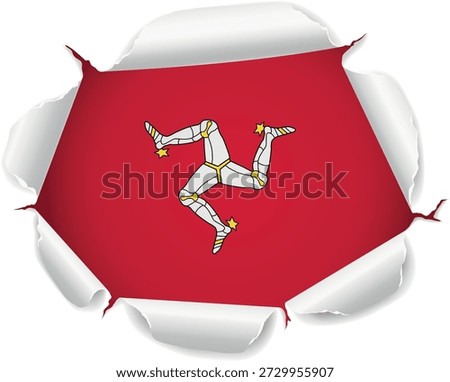 Flag of Isle Of Mann. Flag Revealed Through Torn Paper Hole with Realistic Curled Edges over a transparent background. The ripped edges curl outward with realistic shadows and depth, creating a striking reveal effect
