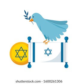 flag israel and bird with olive branch vector illustration design