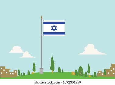 Flag of Israel flies over a city park or field. Editable Clip Art. 