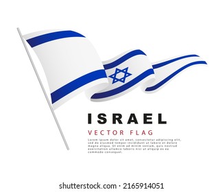 La bandera de Israel cuelga de un asta de bandera y flauta en el viento. Ilustración vectorial aislada en fondo blanco. Logo de la colorida bandera israelí.