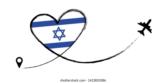 Flag  Israel, Israël. Heart, love romantic travel. Symbol of  airplane, air plane, aircraft, aeroplane, flying, fly jet airline. Line path. Vector location pointer route. Travel. 