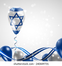 Flag of Israel on balloon. Celebration and gifts. Ribbon in the colors are twisted. Balloons on the feast of the national day. 