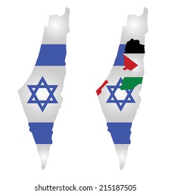 Flag of Israel overlaid on map with second map showing the disputed Palestinian territories of the West Bank and the Gaza Strip with the Palestinian flag isolated on white background