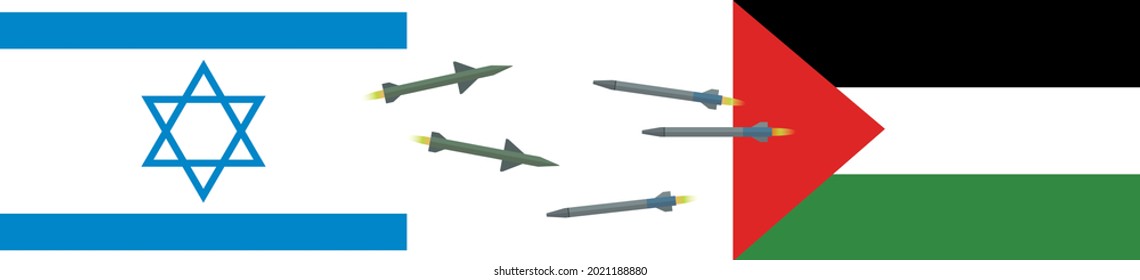 The flag of Israel and the flag of Palestine between which missile weapons fly. The concept of the military conflict between Palestine and Israel. Vector illustration isolate on white.
