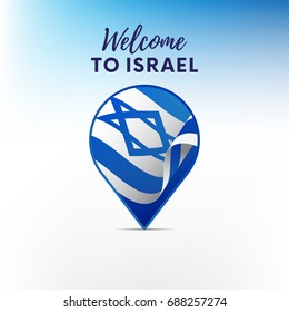 Flag of Israel in shape of map pointer or marker. Welcome to Israel. Vector illustration.