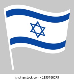 Flag of Israel waving on the stick . Symbol of Independence Day, souvenir soccer game banner, language button, icon.