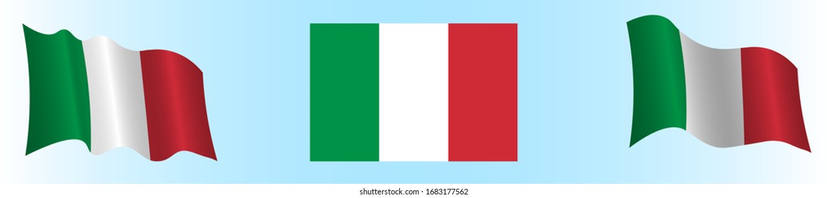 Flag of the Italian Republic in a static position and in motion, developing in the wind, on a white background