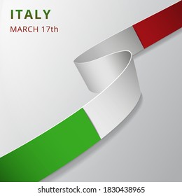 Flag of Italy. 17th of March. Vector illustration. Wavy ribbon on gray background. Independence day. National symbol. Graphic design template
