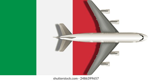 Flag of Italy with an airplane flying over it close up. Vector image.