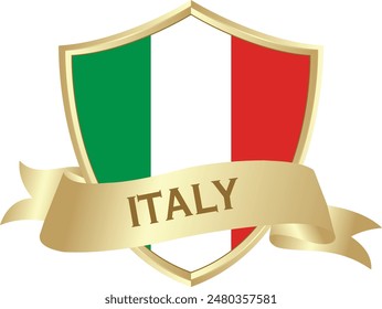 Flag of italy as around the metal gold shield with italy flag