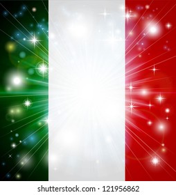 Flag of Italy background with pyrotechnic or light burst and copy space in the centre