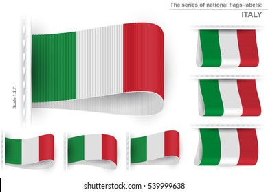 Flag of Italy is embroidered on the textile tag and sewn with a thread stitch; Set of vector realistic icons of flag of Italian Republic from a fabric loop