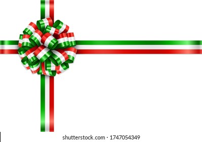 Flag of Italy gift ribbon bow vector concept. Illustration of Italy flag greeting present ribbon crossed at the top left on white rectangle background.