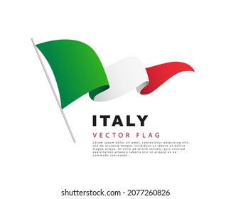 The flag of Italy hangs from a flagpole waving in the wind. Vector illustration isolated on white background. Italian flag colorful logo.