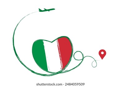 Bandera de Italia. Corazón, me encanta viajar románticamente. Símbolo de avión, avión, avión, avión, avión, vuelo, avión jet. Trayectoria de línea. ruta del puntero de ubicación de Vector. Viaja por tu diseño, logo. EPS10.