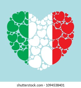 Flag of Italy in a heart shape filled with little hearts. Italian flag. Vector illustration.