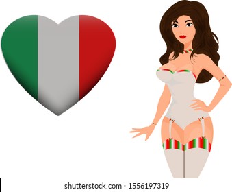 Flag of Italy in heart shape and sexy girl with stockings. Styled vector illustration with attractive lady for template, cover, card, invitation,  miss contest or web page design element.