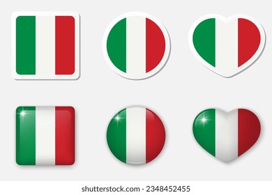 Flag of Italy icons collection. Flat stickers and 3d realistic glass vector elements on white background with shadow underneath.