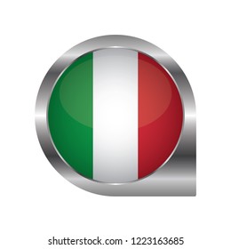 Flag of Italy, location map pin, pointer flag, button with the reflection of light and shadow, silver frame, Icon country. Realistic vector illustration on white background.
