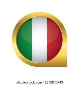 Flag of Italy, location map pin, pointer flag, button with the reflection of light and shadow, gold frame, Icon country. Realistic vector illustration on white background.
